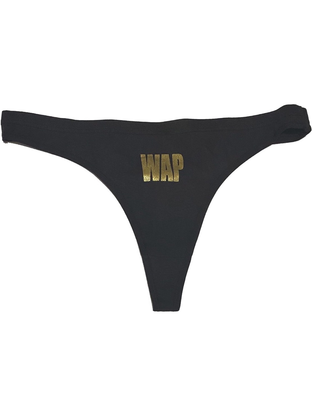 💞 New Women’s Size Medium Black Thong Panties with Sparkly Gold “WAP” Graphic